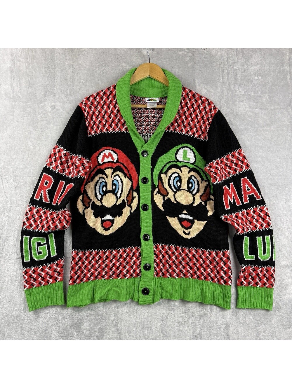 Super Mario Mario Luigi Button Cardigan Sweater Nintendo Graphic Knit